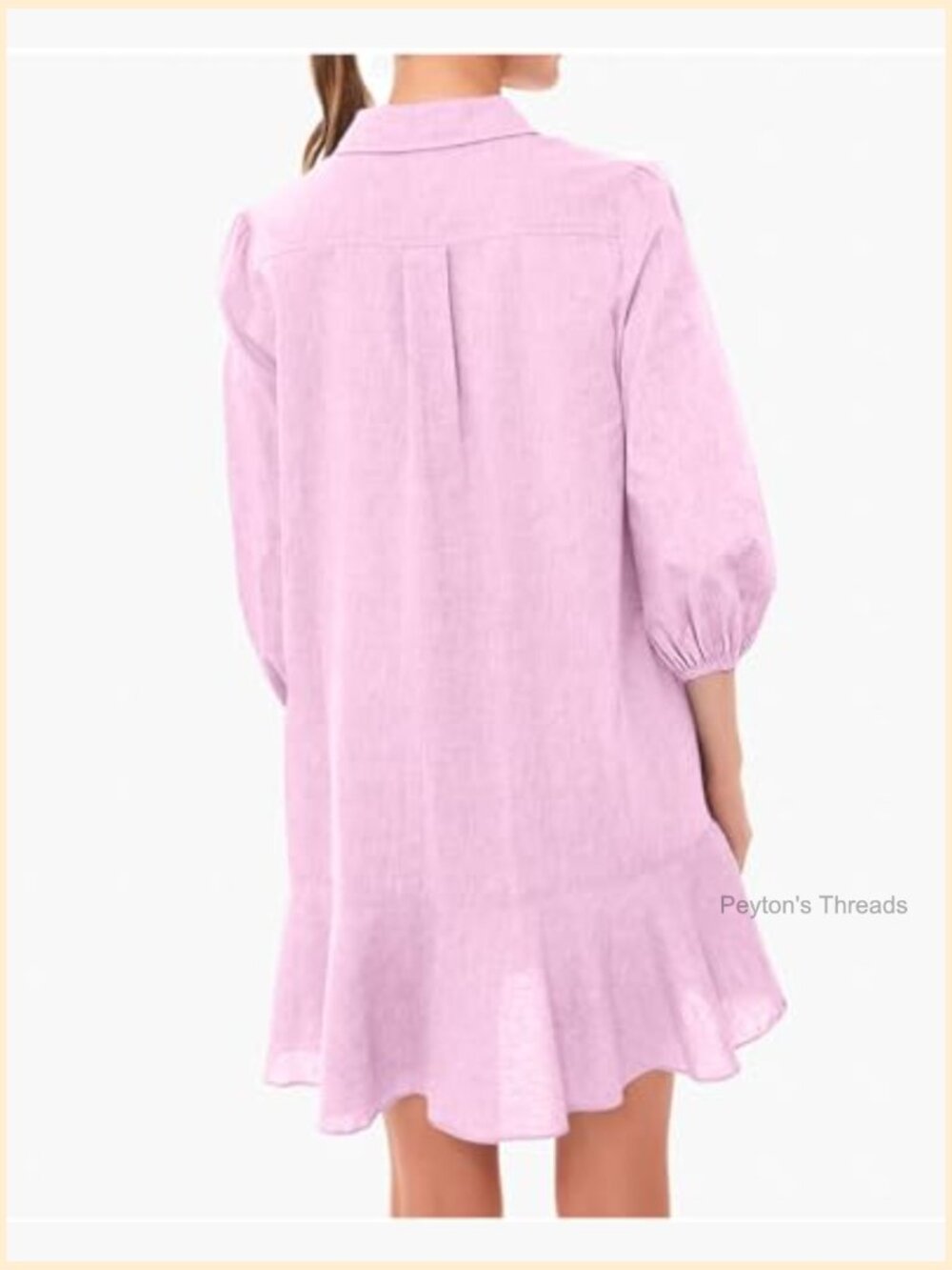 Woven Button Down Dress Puff Sleeve Ruffle Hem Tunic Shift Mini Cotton Linen - Picture 2 of 5